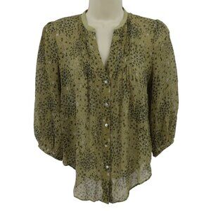 Fei Women 2 All Silk Green Sheer Floral Flower Pleated Blouse Shirt Top Buttons